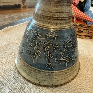 Handcrafted Ceramic Vase with Carved Leaf Motif - Blue and Tan